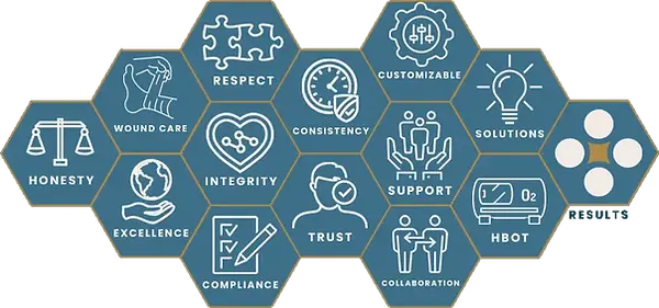 Hexagonal SHS icon grid displaying core values: wound care, compliance, support, integrity, collaboration, and results.