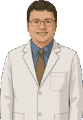Cartoon-style portrait of SHS Chief Medical Officer Dr. Mike White wearing a white lab coat.