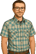 Cartoon portrait of Matthew Davis in a teal plaid shirt, representing SHS operatioins, strategy, and corporate development.