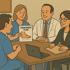 Multidisciplinary team reviews a patient's wound care treatment plan in a clinical meeting.