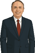 Cartoon portrait of David Davis, SHS President & CEO, in a navy suit with red tie, representing SHS executive leadership.