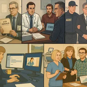 Illustrated collage showing healthcare fraud consequences, including provider audits, legal actions, and a positive example of a wound care team collaborating over compliance and patient outcomes.