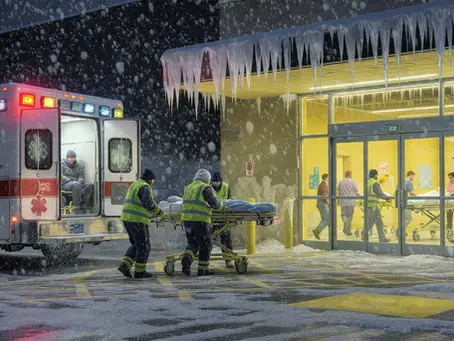 EMS transporting patient to hospital during winter ice storm at night with heavy snowfall