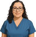 Cartoon-style image of SHS Director of Operational Performance Sheila Carrier in navy blue scrubs.