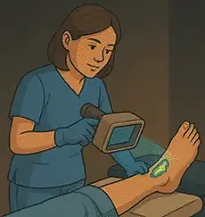 Nurse uses fluorescence imaging technology to assess bacterial presence in a lower leg wound.