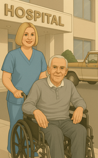 Illustration of a nurse in scrubs wheeling an elderly man in a wheelchair outside a hospital entrance, with a 1970s Ford pickup truck parked nearby.