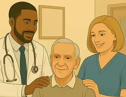 Illustration of a hospital partner and SHS team member collaborating at a desk, symbolizing trust, transparency, and shared commitment to patient care.