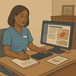 Nurse documents wound progress on a computer using visual reference charts.
