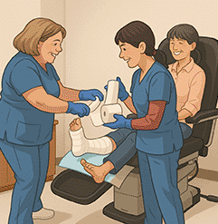 Two nurses wrap a patient's leg with compression dressing while caregiver looks on.