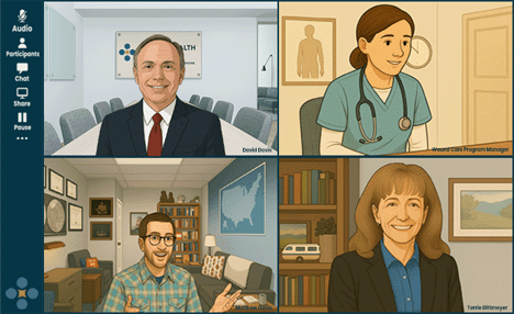 Cartoon SHS team on video call: wound care clinician, executive, and peer-level program support leaders.
