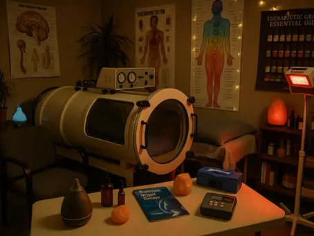 Cluttered wellness clinic with non-hospital HBOT setup, illustrating the risks of unregulated hyperbaric therapy without clinical oversight.