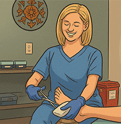Smiling nurse applies a dressing to a patient's foot during outpatient wound care visit.
