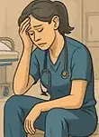 A worn-out nurse rests on a stool in a hospital hallway, exhausted from the pressures of floor nursing.