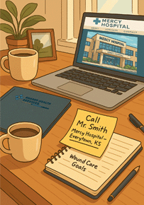 Cartoon-style illustration of a fictional hospital website homepage with beige and navy tones and standard navigation links.