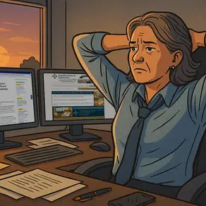 Editorial cartoon of a hospital leader reviewing 2026 CMS OPPS rule at sunset with SHS site open on dual monitors.