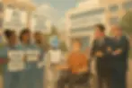 Wound care patient in a wheelchair sits between protesting clinicians, hospital leaders, and an AI assistant outside hospital.