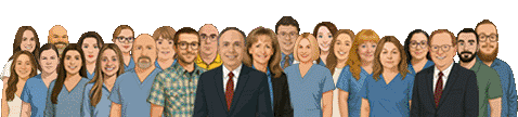 Cartoon-style illustration of the SHS leadership team standing together in professional attire next to the SHS logo and tagline.