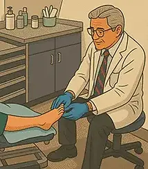 Physician examines a patient's foot during a podiatry consultation.