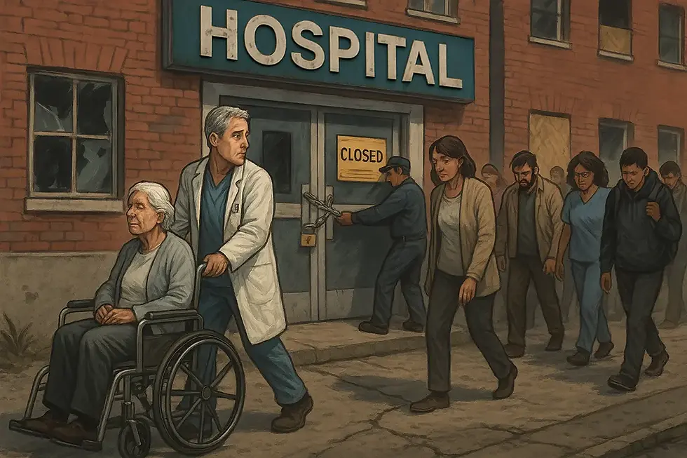 Editorial illustration of a hospital closing as staff and patients leave. A doctor wheels an elderly patient away while a worker locks the doors.