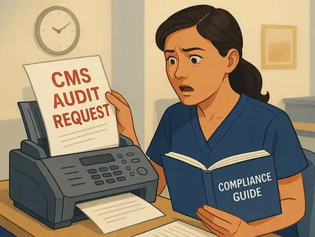 Clinic administrator holds up a suspicious fax labeled “CMS Audit Request” with a concerned look, symbolizing fraud targeting wound care providers.