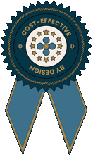 Gold and navy ribbon icon with “Cost-Effective by Design” text encircling the SHS logo, symbolizing sustainable wound care.