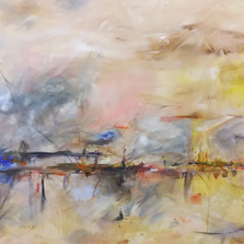 Abstract art of a landscape with visible brush strokes and vibrant colors