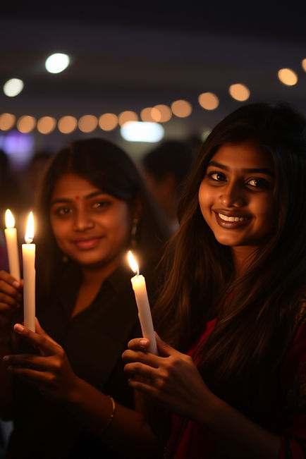Warm candlelight illuminates adorable, charming Indian Polytechnic students. Flickering fl