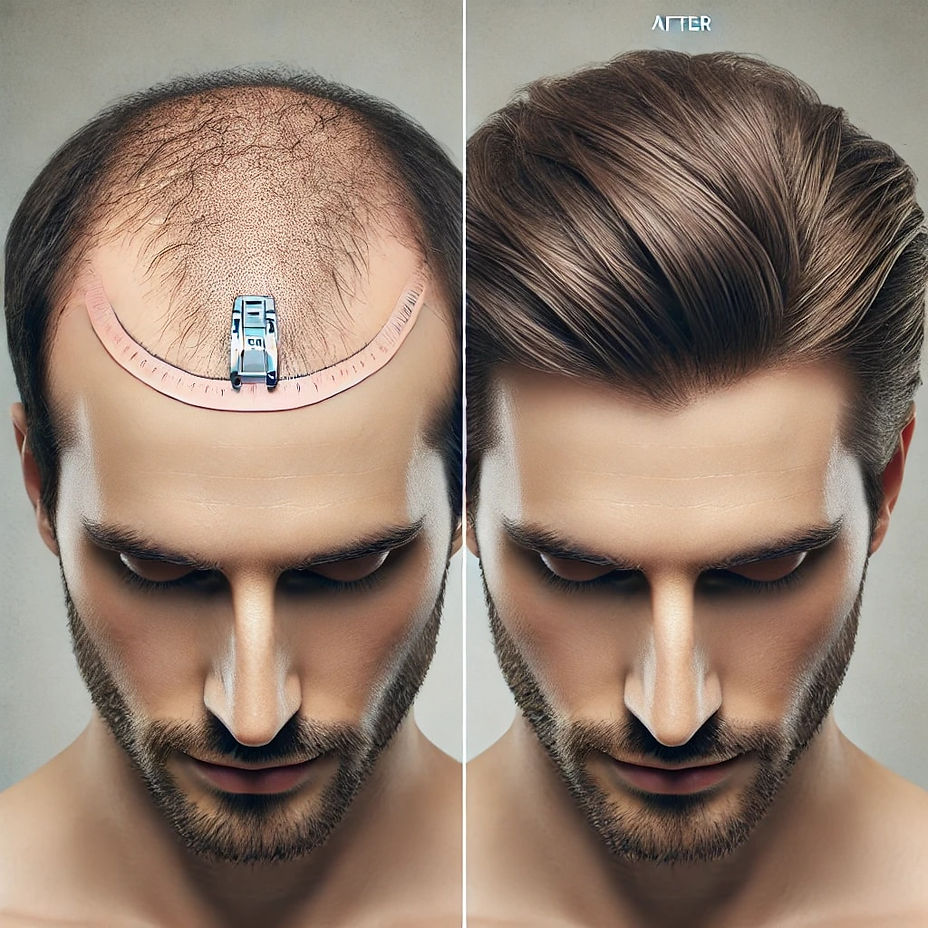 A side-by-side comparison of a patient’s hairline before and after a robotic hair transpla
