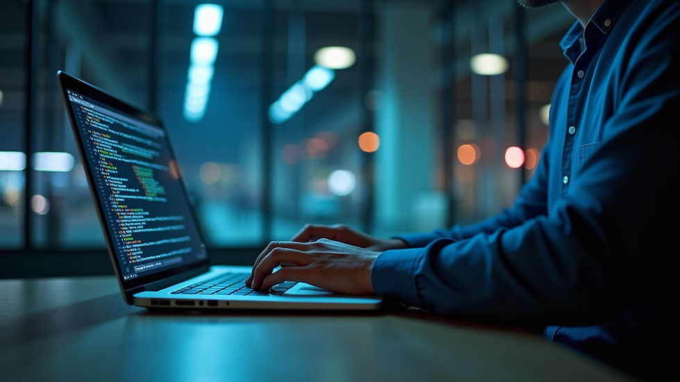 Eye-level view of a cybersecurity expert working on a laptop