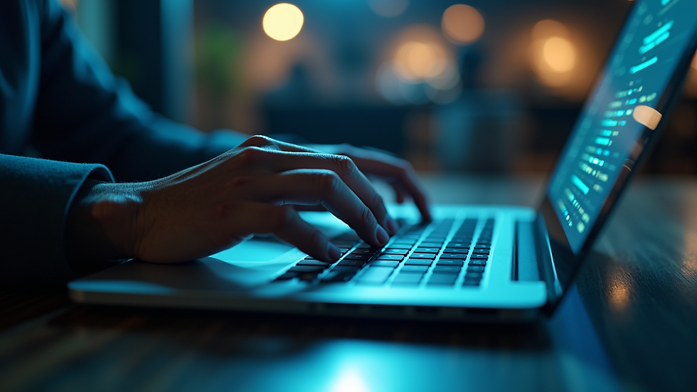 Close-up view of a person working on a cybersecurity project on a laptop