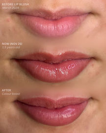 Lip blush transformation at PMU Parlour Warrington showing before, 1.5 years healed, and after annual colour boost with long-lasting, natural fade.