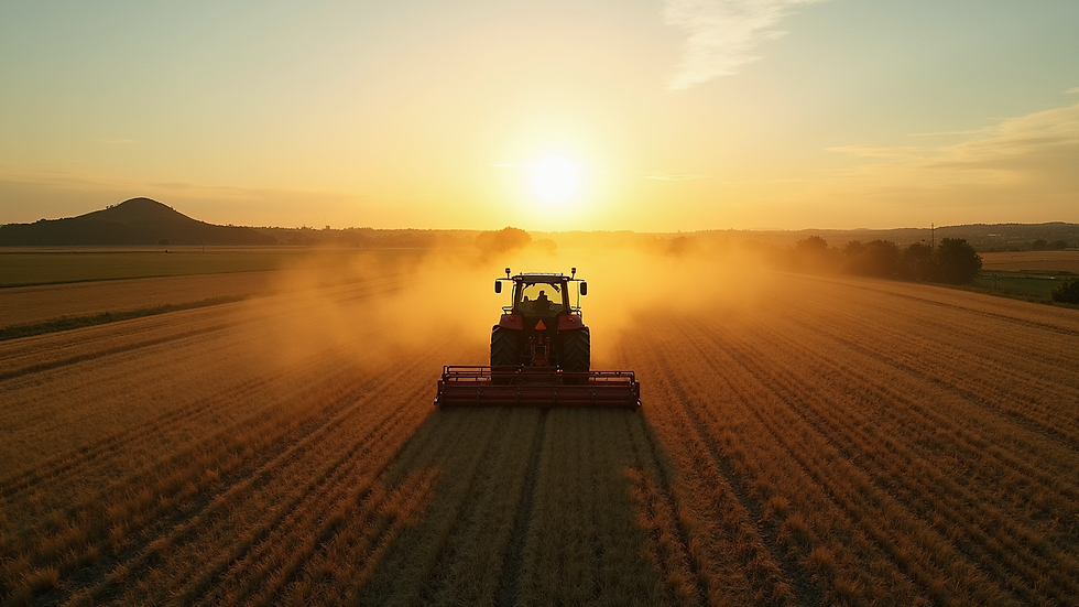 Vista aérea de maquinário agrícola trabalhando em campo aberto