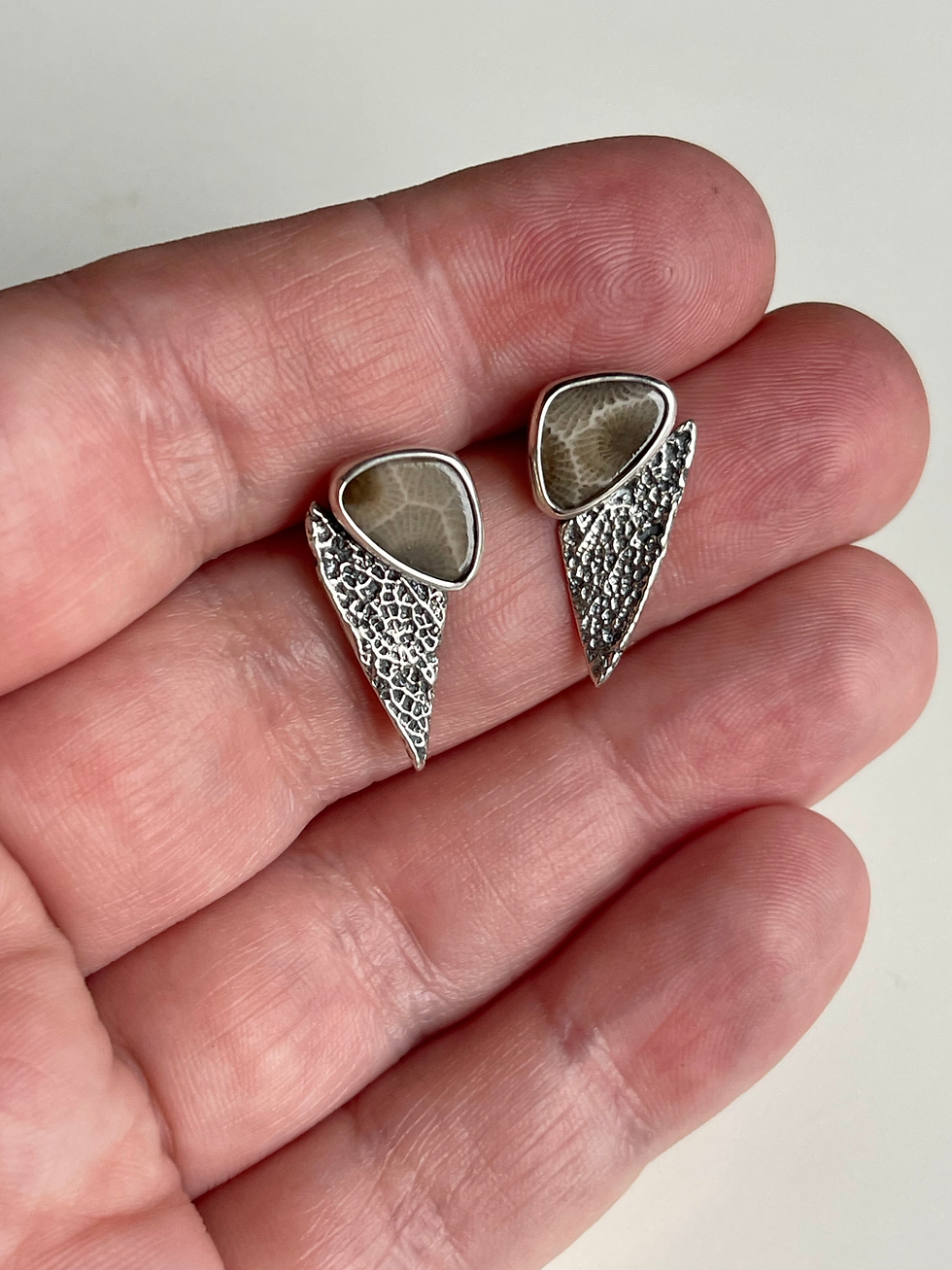 Thumbnail: Sage Leaf Petoskey Stone Studs