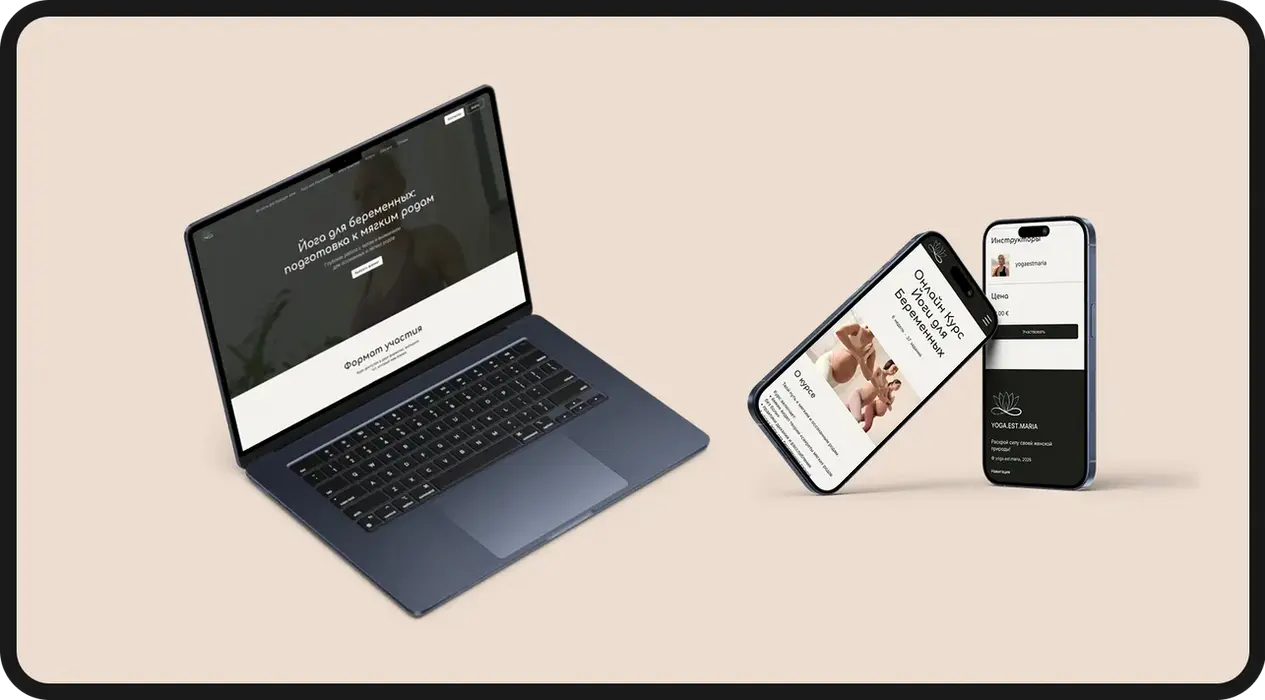 Mockup of the YogaMaria website mobile, laptop versions