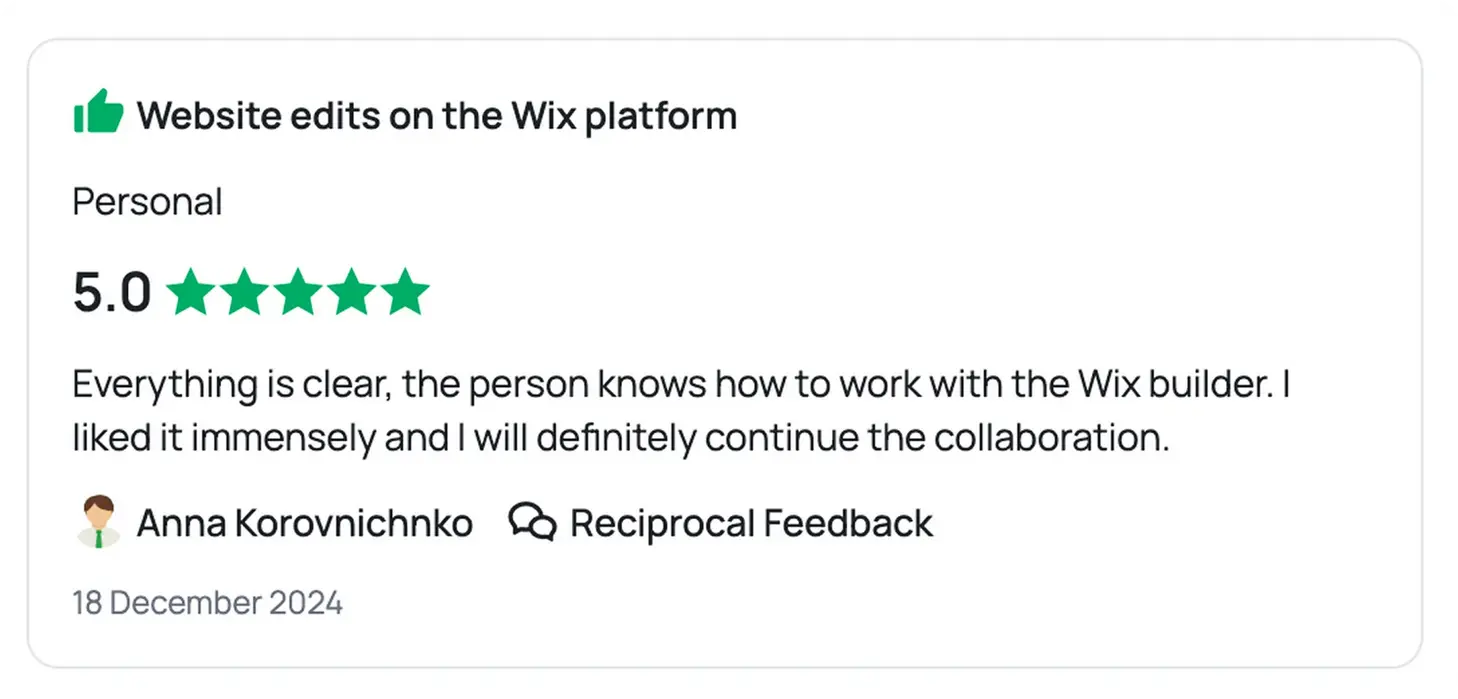 Review from Anna Korovnichko for expert Wix builder layout and feature edits