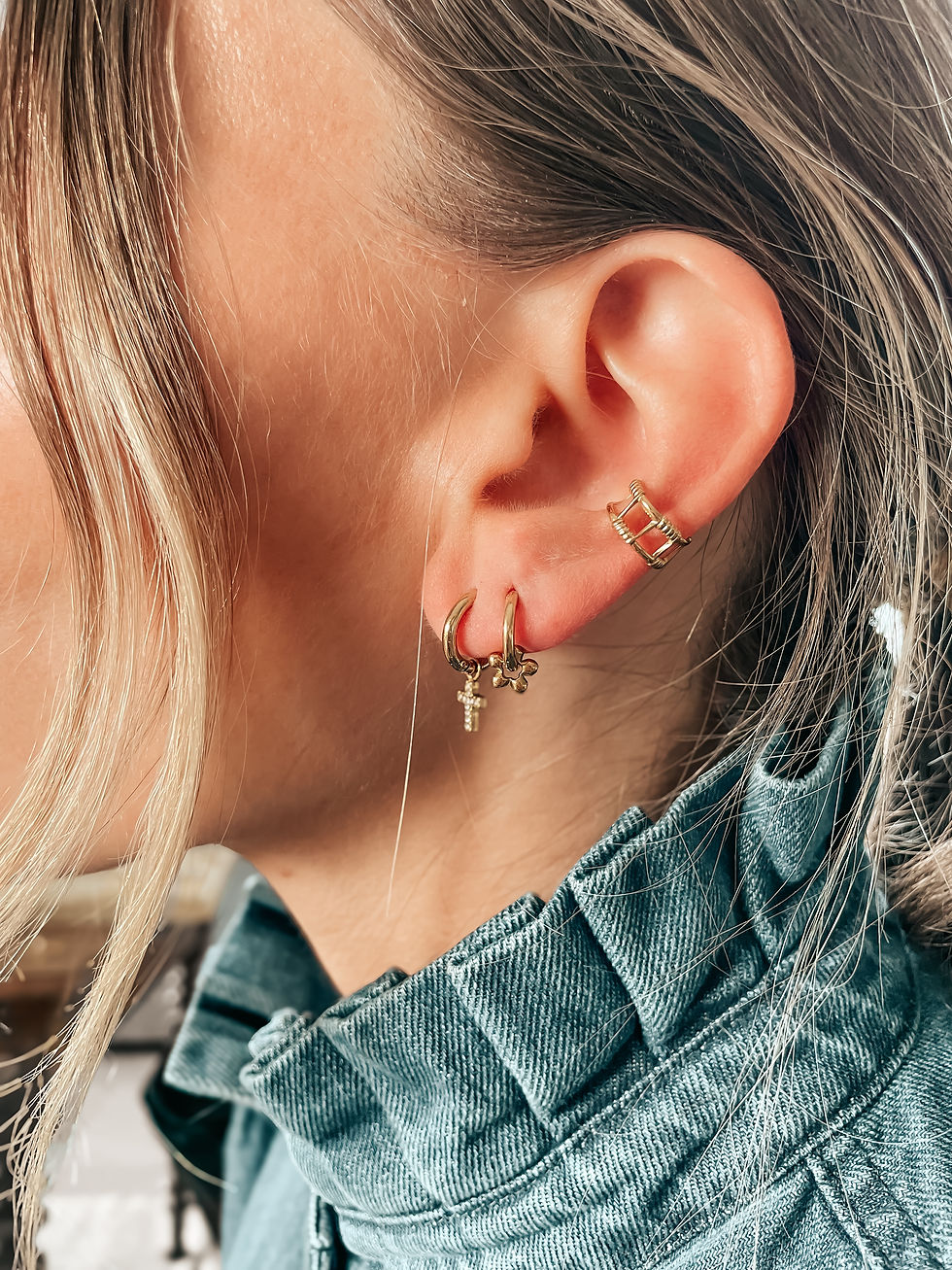 Anneaux fins ornés d’une petite fleur ajourée ultra légère : le détail poétique qui illumine le visage.