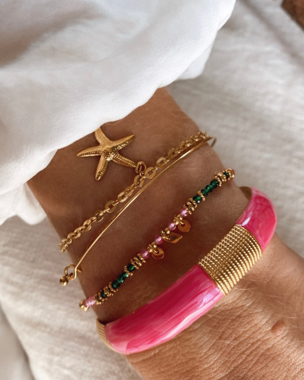 Thumbnail: Bracelet jonc rigide coloé avec détails dorés. Couleur au choix: Blanc ou Rose