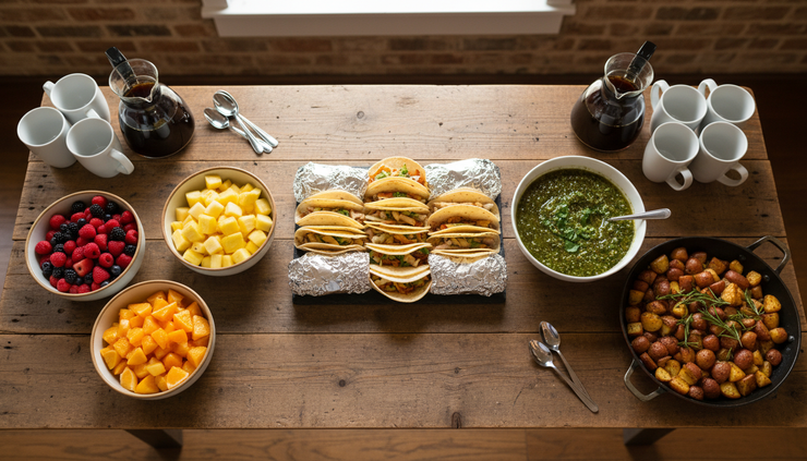 Overhead view of breakfast tacos and fresh fruit on a wooden serving table.