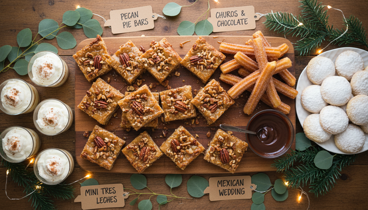 Overhead view of a holiday dessert table with pecan pie bars, churros, and mini tres leches cups.