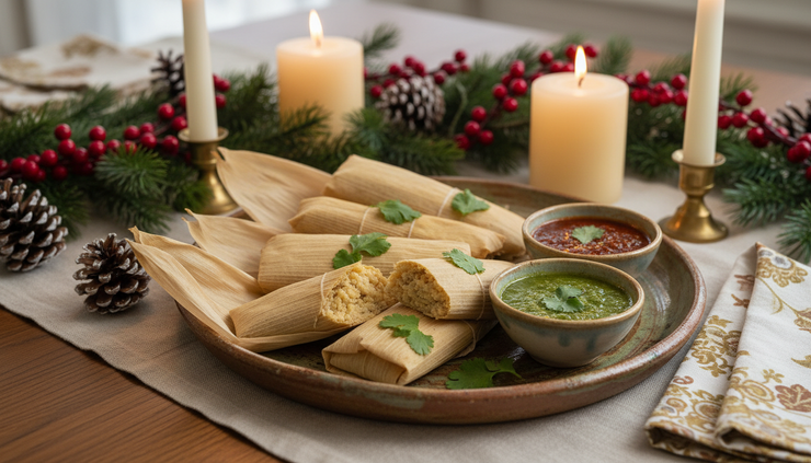 Close-up view of handmade tamales with salsa verde and red chile sauce.