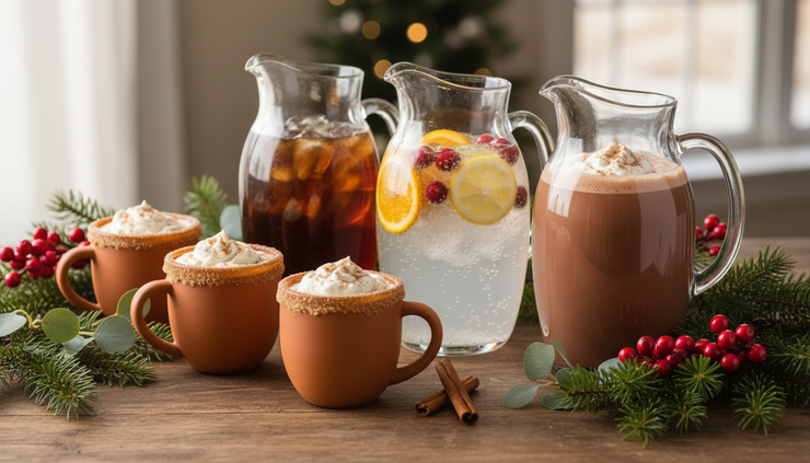 Eye-level view of a festive drink station with citrus, cranberries, tea, and sparkling water.