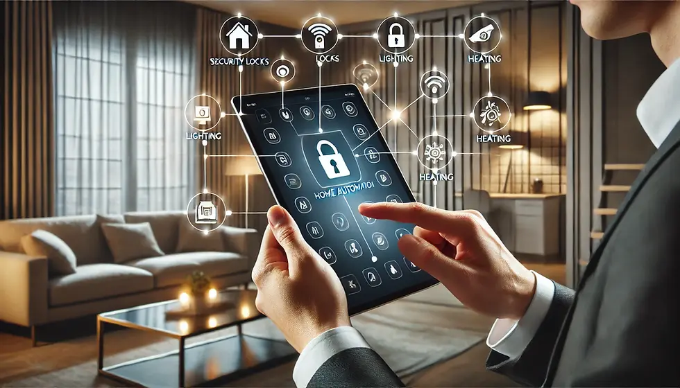 A person using a tablet to control various home automation features, including security locks, lighting, heating, and cameras, with a modern home interior in the background.