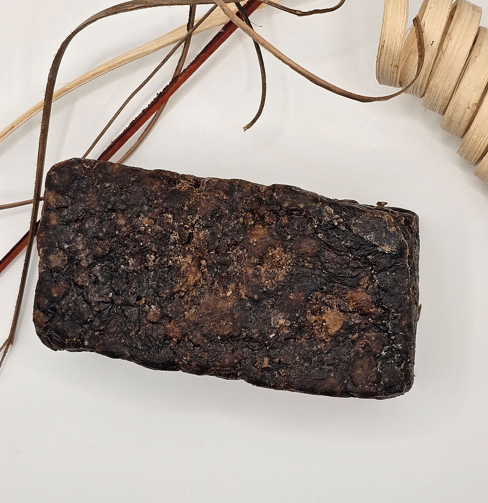 Close-up of a raw African black soap bar with textures