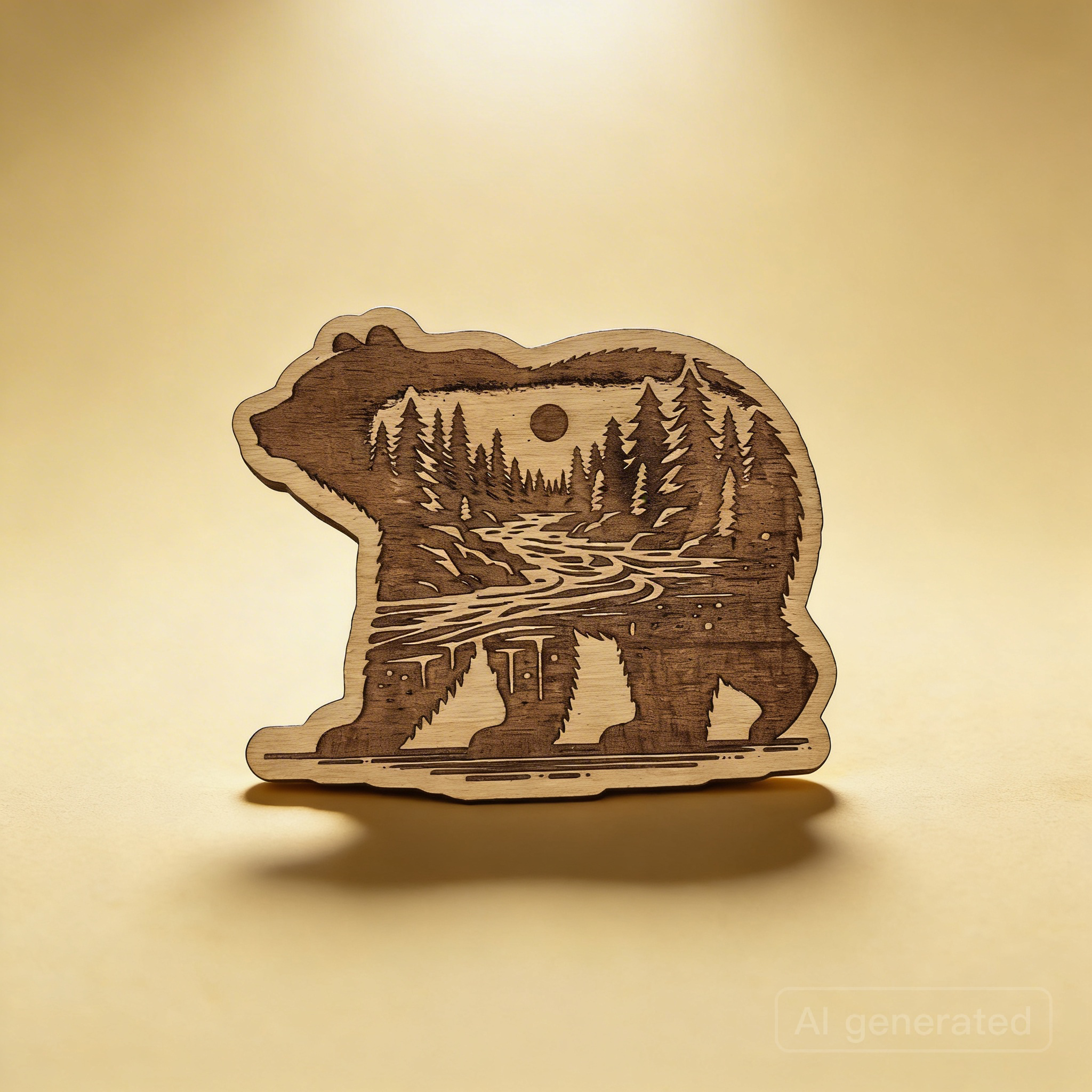 Engraved Bear Set in the River Magnet - Layered Wood