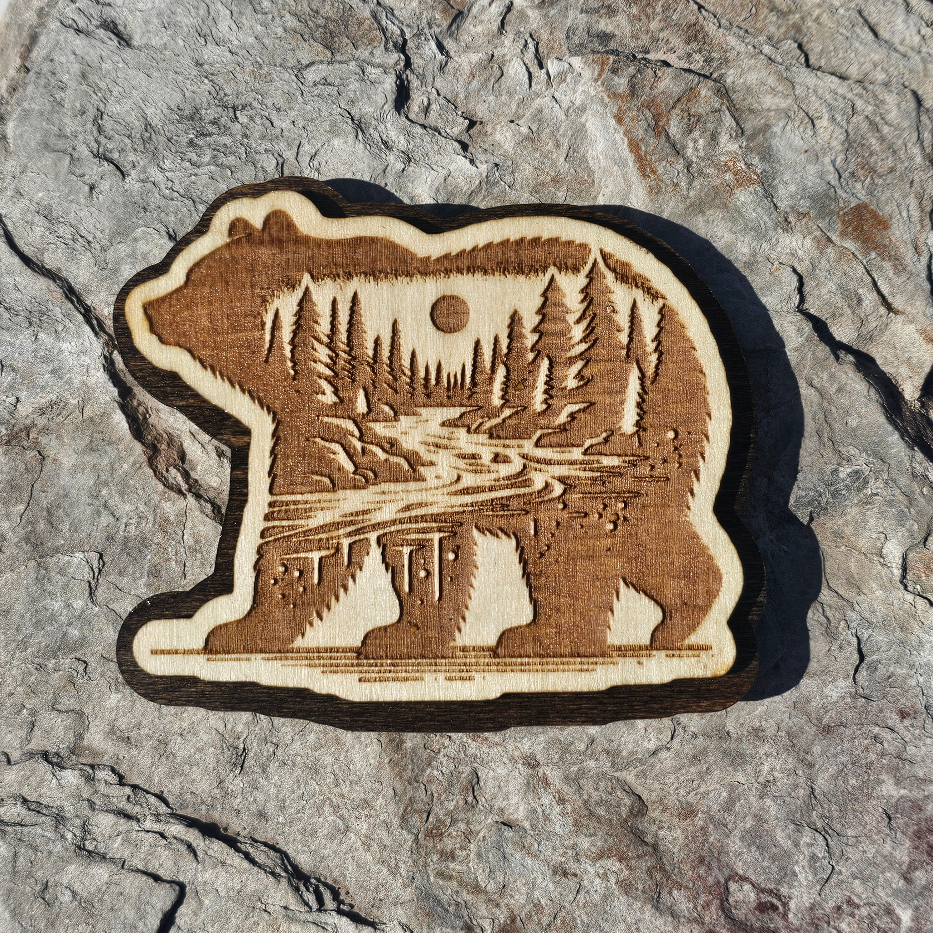 Engraved Bear Set in the River Magnet - Layered Wood