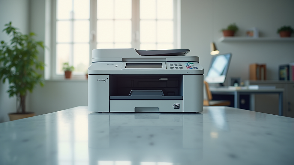 Eye-level view of a modern multifunction printer in a bright workspace