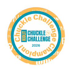 A Yellow and Blue badge with the words Kidlit Chuckle Champion 2026