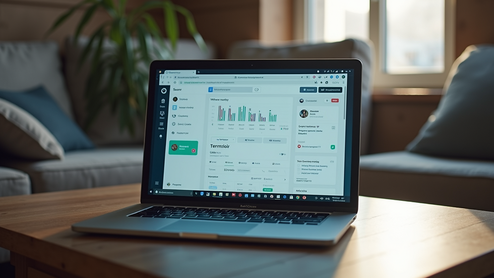 High angle view of a laptop screen displaying social media management software