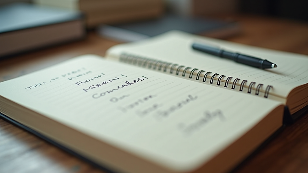 Close-up view of a notebook with handwritten story ideas