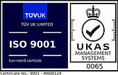 Logo of ISO9001 UKAS Management System by TUV UK Limited